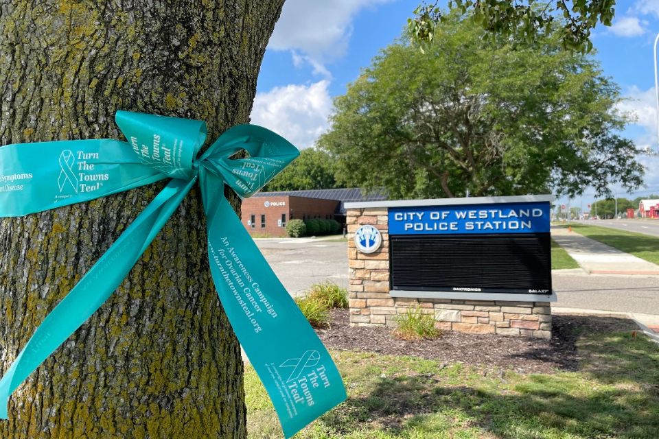 ribbon tied around tree in support of Turn the Towns Teal